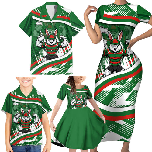 Rabbitohs Rugby Mascot Family Matching Short Sleeve Bodycon Dress and Hawaiian Shirt Fierce Athlete Graphic in Sports Style