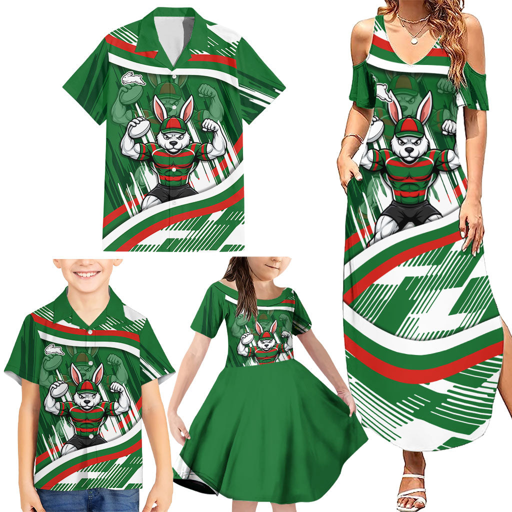Rabbitohs Rugby Mascot Family Matching Summer Maxi Dress and Hawaiian Shirt Fierce Athlete Graphic in Sports Style