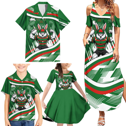 Rabbitohs Rugby Mascot Family Matching Summer Maxi Dress and Hawaiian Shirt Fierce Athlete Graphic in Sports Style