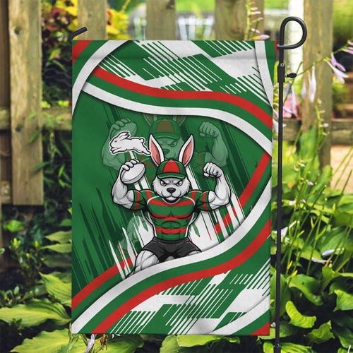 Rabbitohs Rugby Mascot Garden Flag Fierce Athlete Graphic in Sports Style