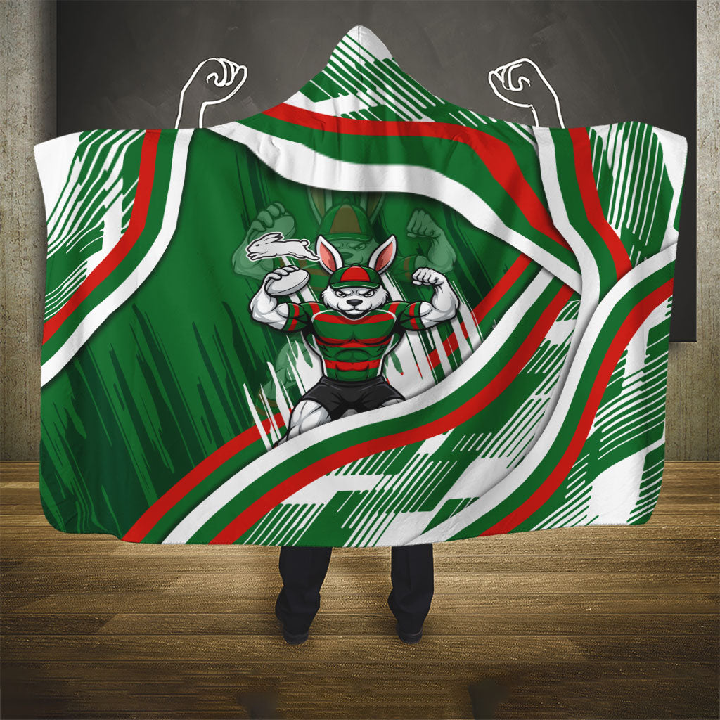 Rabbitohs Rugby Mascot Hooded Blanket Fierce Athlete Graphic in Sports Style