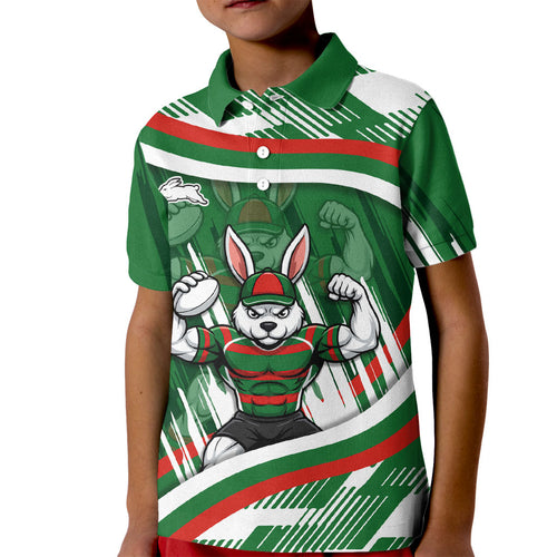 Rabbitohs Rugby Mascot Kid Polo Shirt Fierce Athlete Graphic in Sports Style