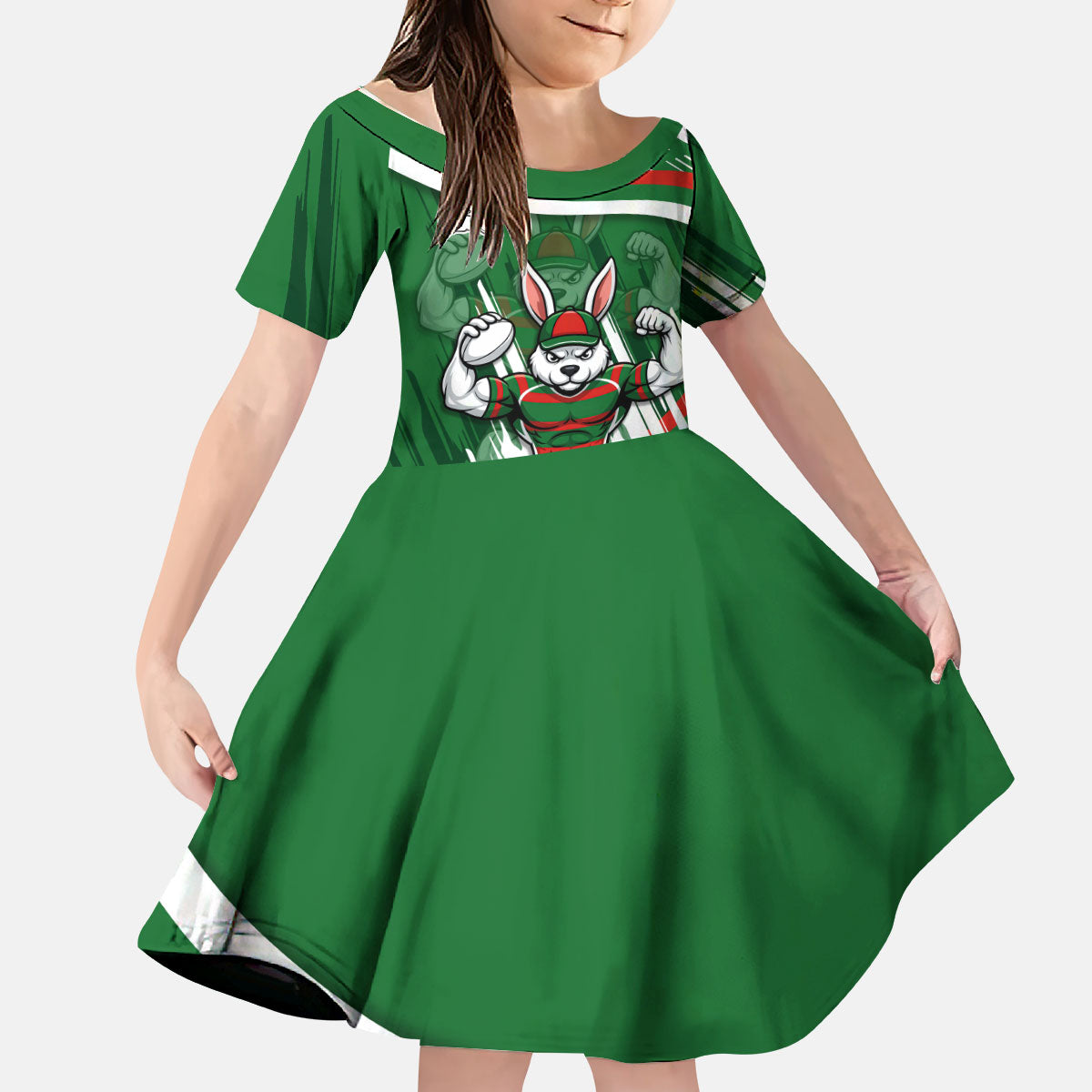 Rabbitohs Rugby Mascot Kid Short Sleeve Dress Fierce Athlete Graphic in Sports Style