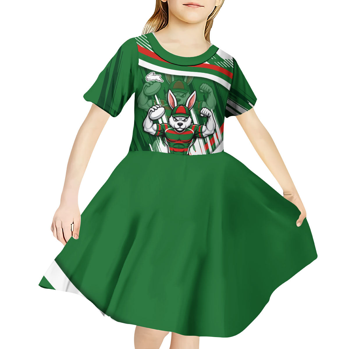 Rabbitohs Rugby Mascot Kid Short Sleeve Dress Fierce Athlete Graphic in Sports Style