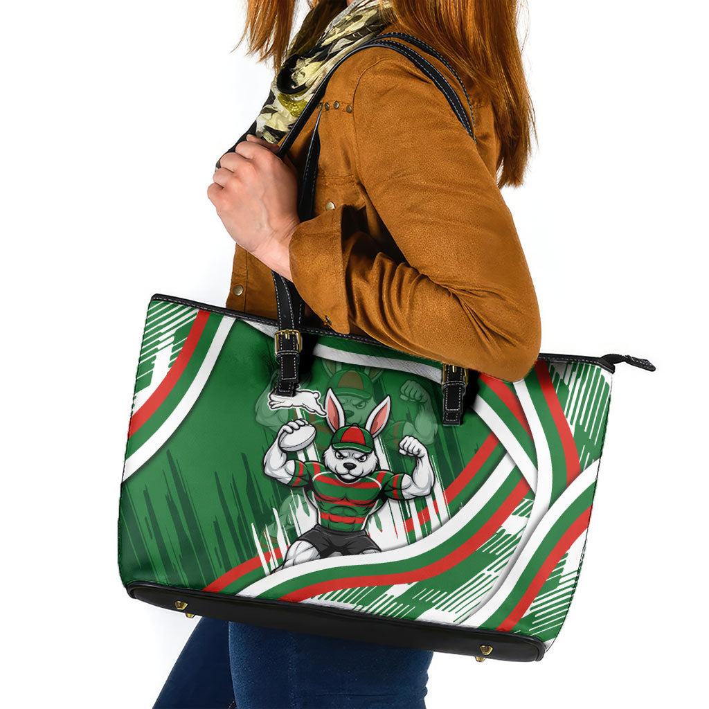 Rabbitohs Rugby Mascot Leather Tote Bag Fierce Athlete Graphic in Sports Style