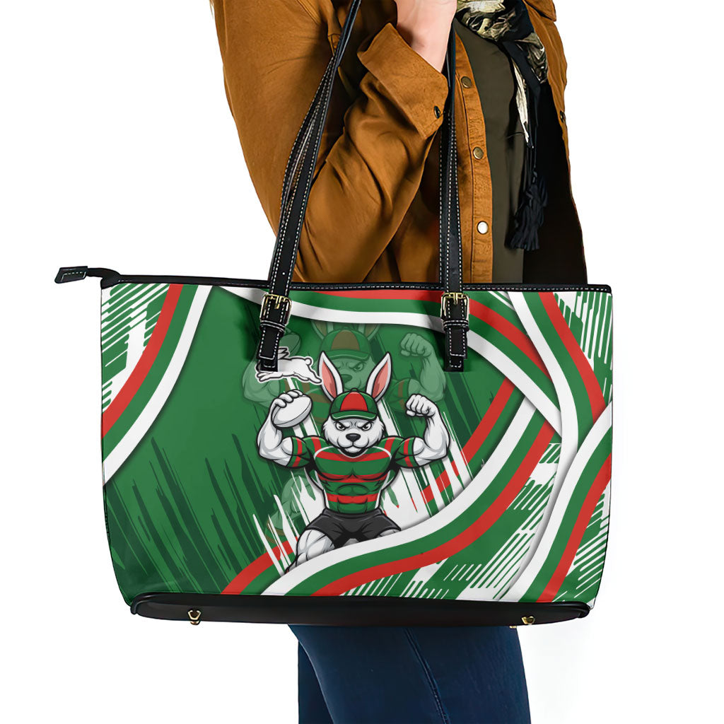 Rabbitohs Rugby Mascot Leather Tote Bag Fierce Athlete Graphic in Sports Style
