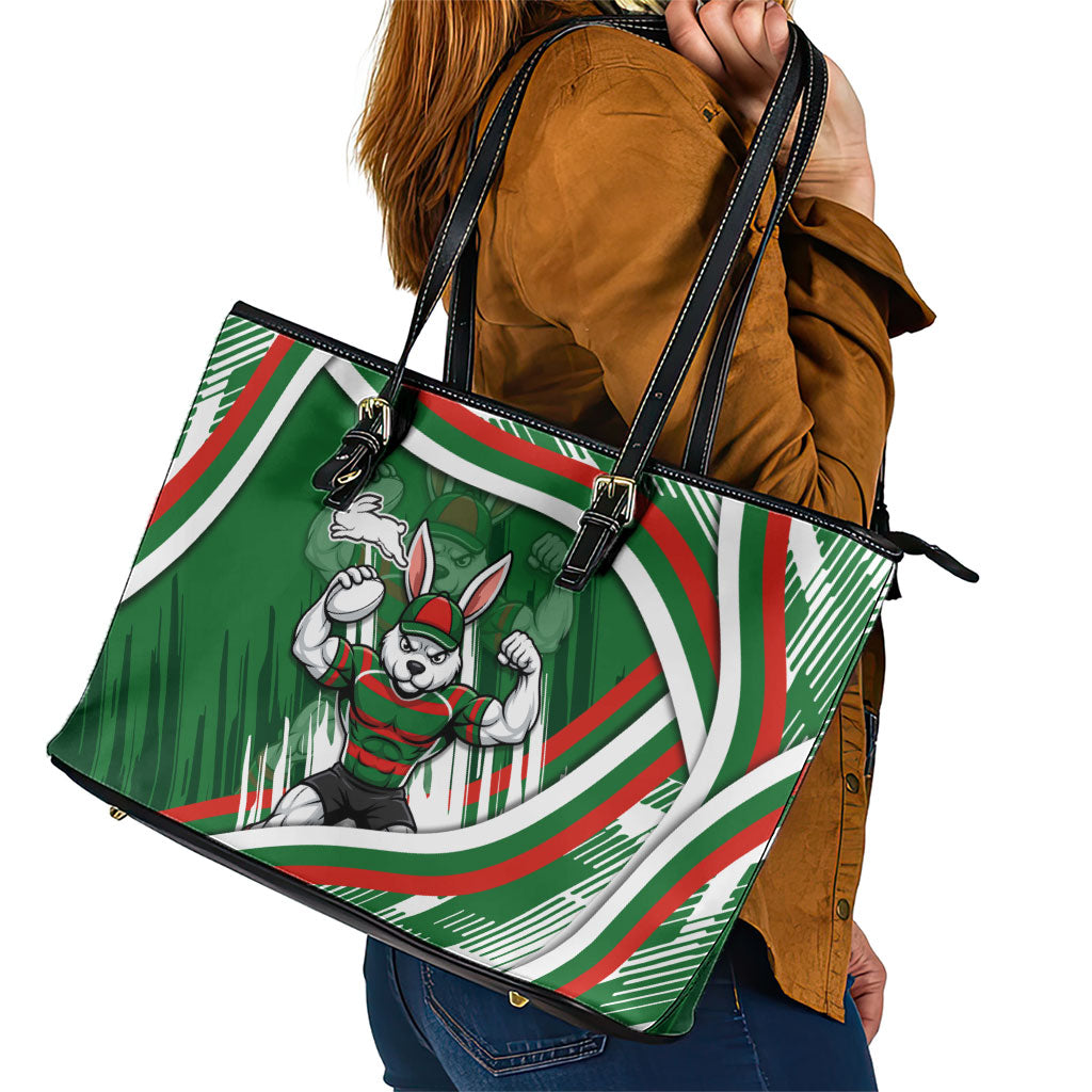Rabbitohs Rugby Mascot Leather Tote Bag Fierce Athlete Graphic in Sports Style