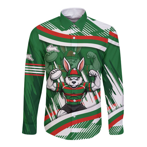 Rabbitohs Rugby Mascot Long Sleeve Button Shirt Fierce Athlete Graphic in Sports Style