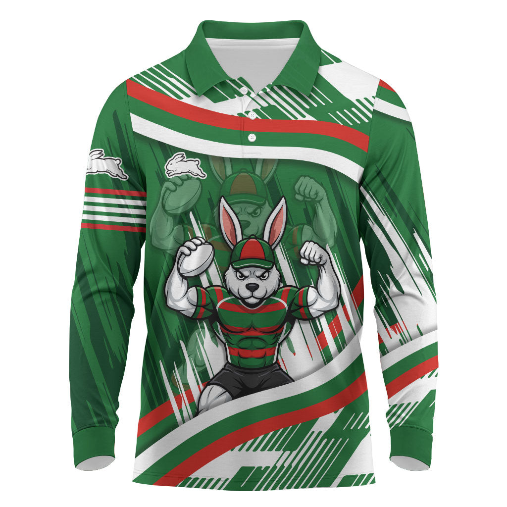 Rabbitohs Rugby Mascot Long Sleeve Polo Shirt Fierce Athlete Graphic in Sports Style