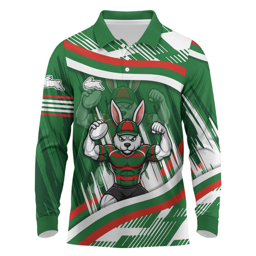 Rabbitohs Rugby Mascot Long Sleeve Polo Shirt Fierce Athlete Graphic in Sports Style