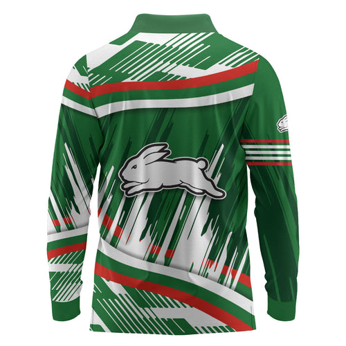 Rabbitohs Rugby Mascot Long Sleeve Polo Shirt Fierce Athlete Graphic in Sports Style