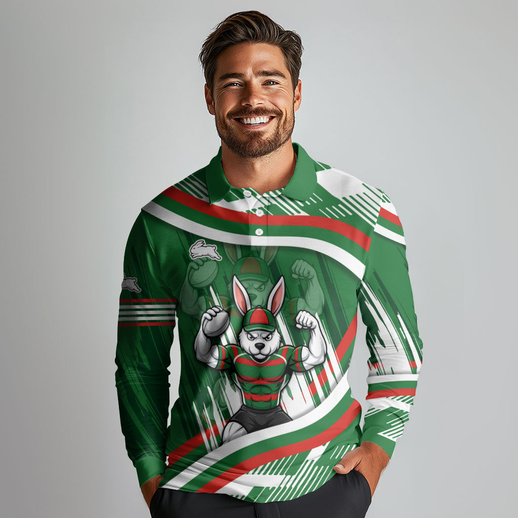 Rabbitohs Rugby Mascot Long Sleeve Polo Shirt Fierce Athlete Graphic in Sports Style