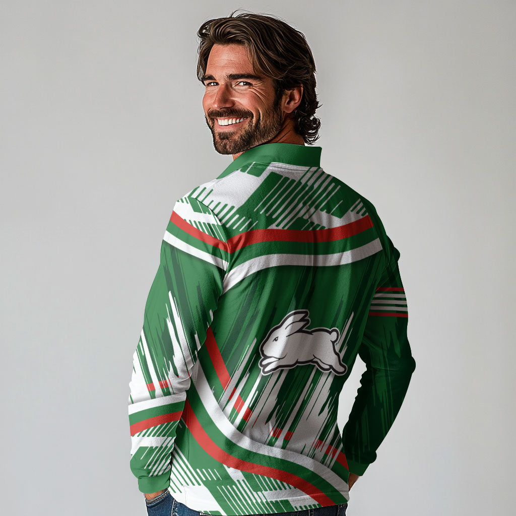Rabbitohs Rugby Mascot Long Sleeve Polo Shirt Fierce Athlete Graphic in Sports Style