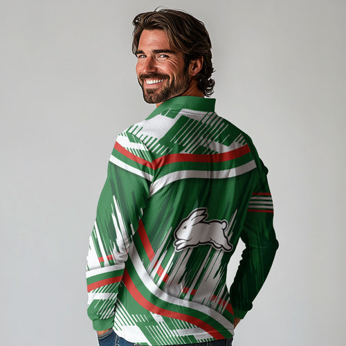 Rabbitohs Rugby Mascot Long Sleeve Polo Shirt Fierce Athlete Graphic in Sports Style