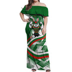 Rabbitohs Rugby Mascot Off Shoulder Maxi Dress Fierce Athlete Graphic in Sports Style