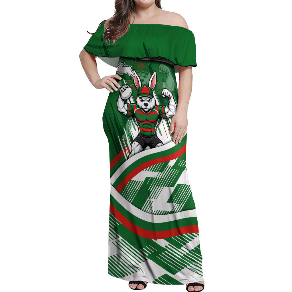 Rabbitohs Rugby Mascot Off Shoulder Maxi Dress Fierce Athlete Graphic in Sports Style