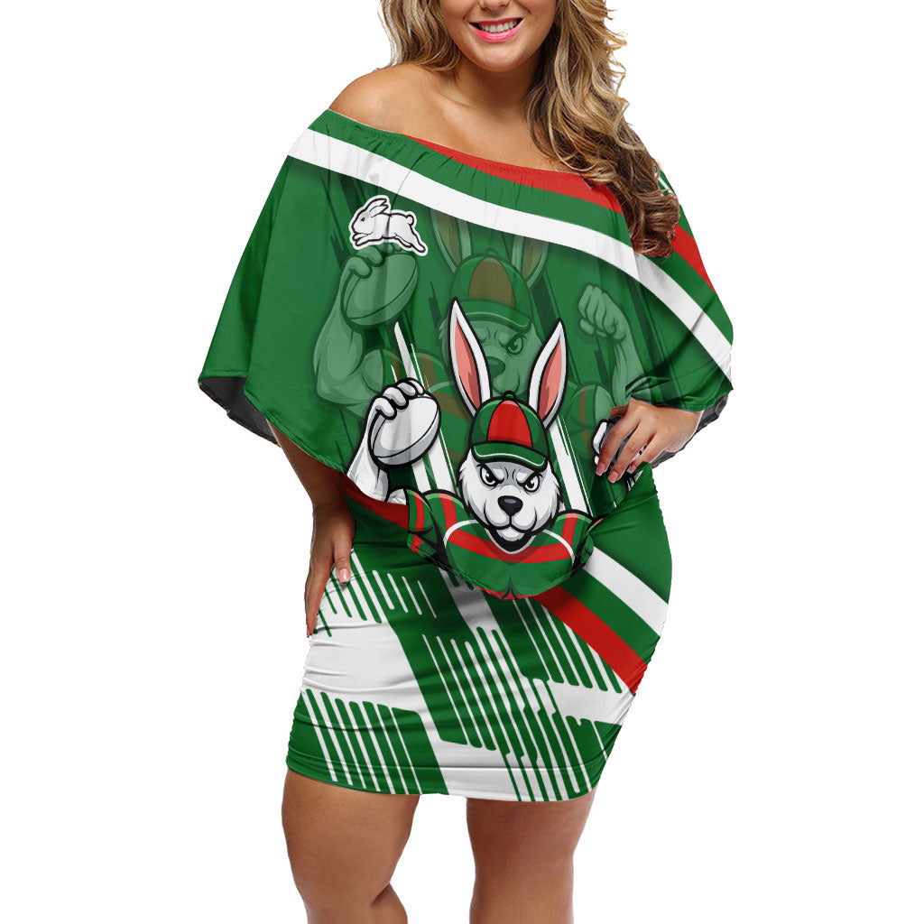 Rabbitohs Rugby Mascot Off Shoulder Short Dress Fierce Athlete Graphic in Sports Style