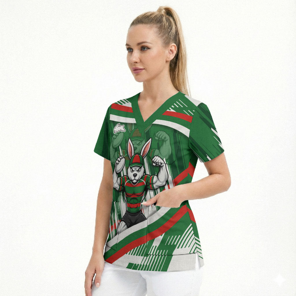 Rabbitohs Rugby Mascot Scrub Top Fierce Athlete Graphic in Sports Style