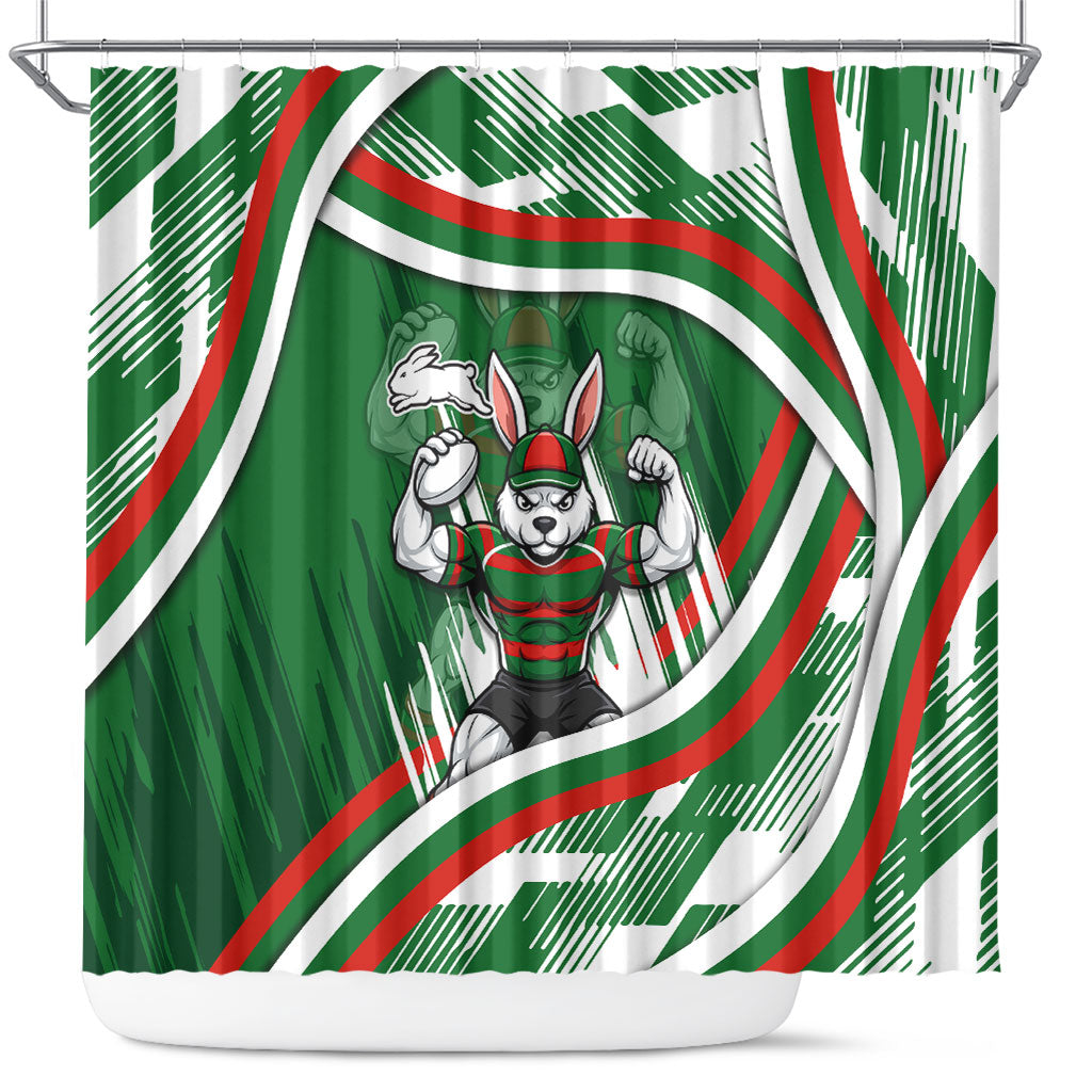 Rabbitohs Rugby Mascot Shower Curtain Fierce Athlete Graphic in Sports Style