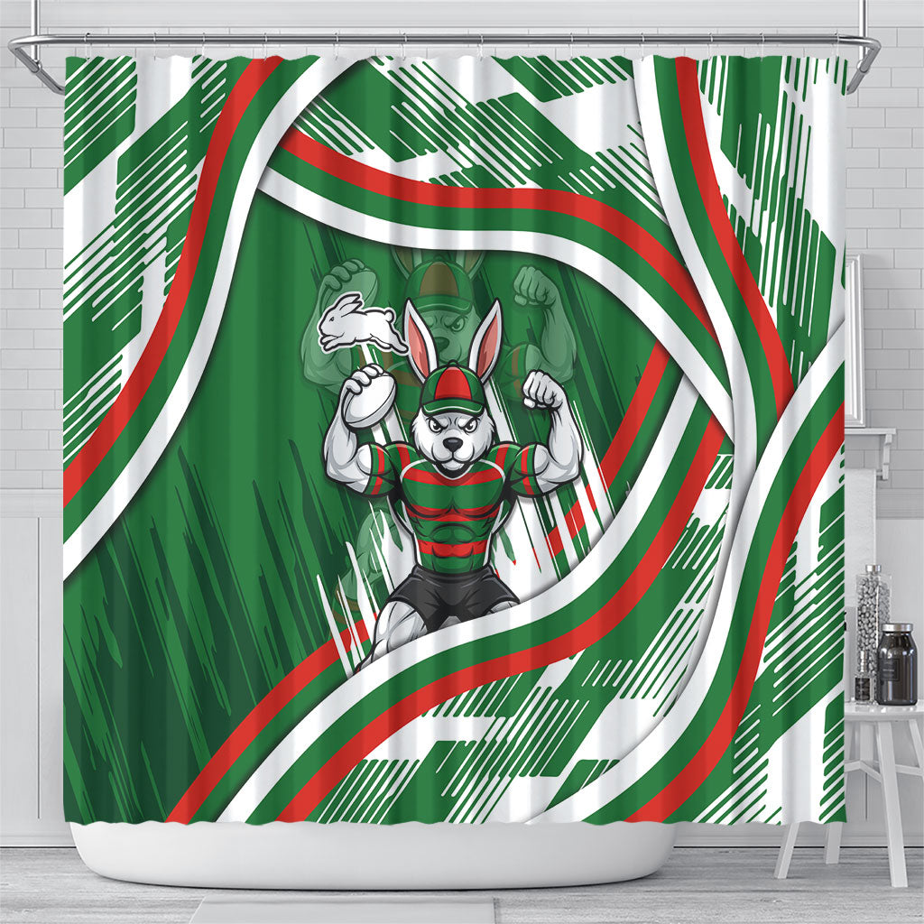 Rabbitohs Rugby Mascot Shower Curtain Fierce Athlete Graphic in Sports Style