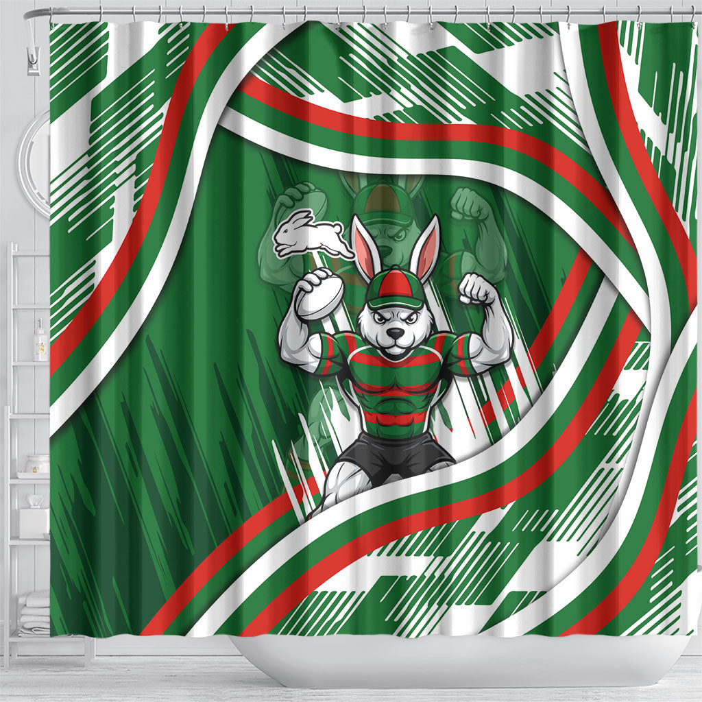 Rabbitohs Rugby Mascot Shower Curtain Fierce Athlete Graphic in Sports Style