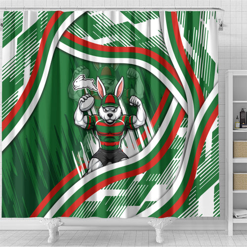 Rabbitohs Rugby Mascot Shower Curtain Fierce Athlete Graphic in Sports Style