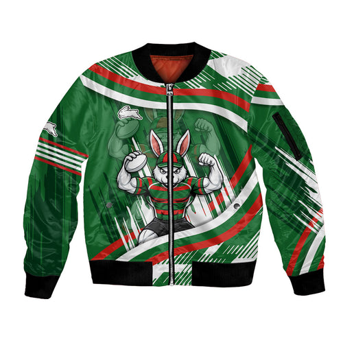 Rabbitohs Rugby Mascot Sleeve Zip Bomber Jacket Fierce Athlete Graphic in Sports Style