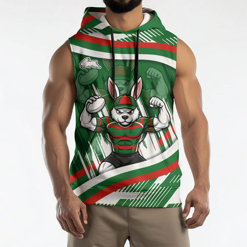 Rabbitohs Rugby Mascot Sleeveless Hoodie Fierce Athlete Graphic in Sports Style