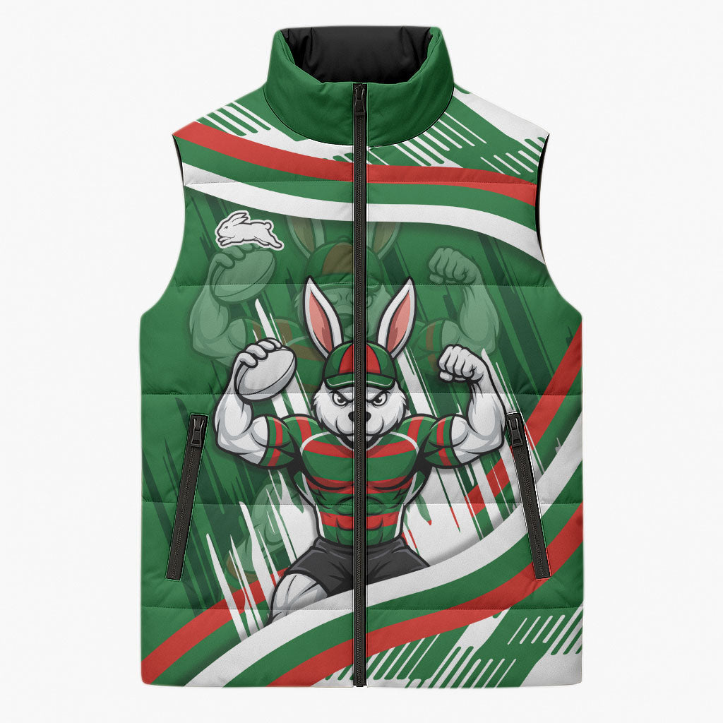 Rabbitohs Rugby Mascot Sleeveless Puffer Jacket Fierce Athlete Graphic in Sports Style