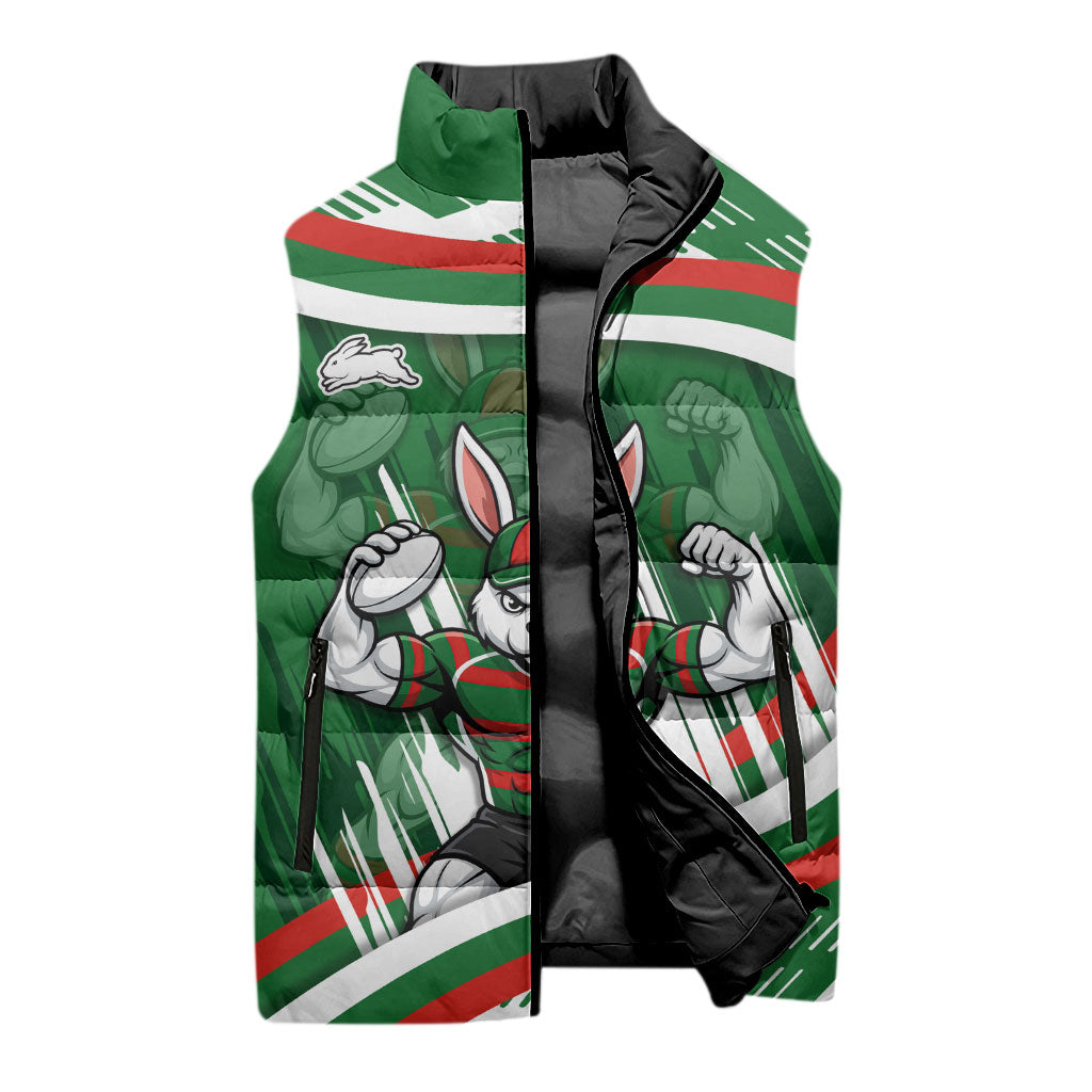Rabbitohs Rugby Mascot Sleeveless Puffer Jacket Fierce Athlete Graphic in Sports Style