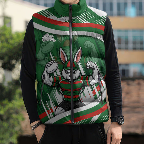 Rabbitohs Rugby Mascot Sleeveless Puffer Jacket Fierce Athlete Graphic in Sports Style