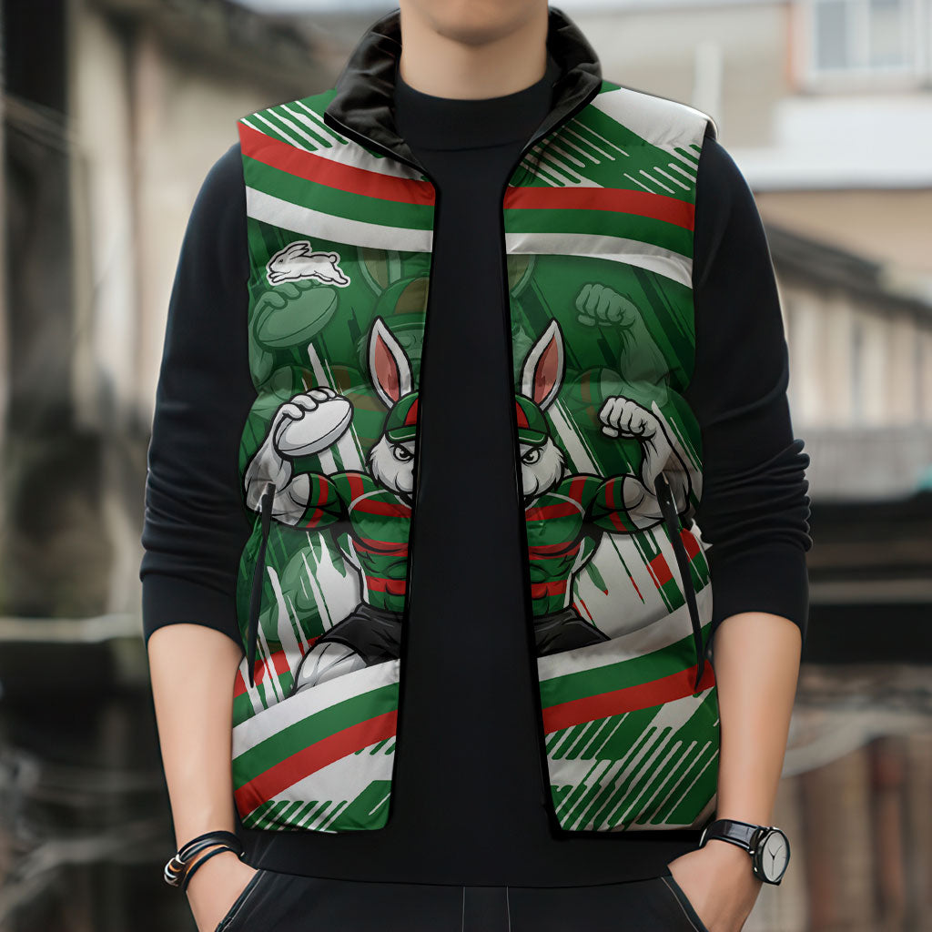 Rabbitohs Rugby Mascot Sleeveless Puffer Jacket Fierce Athlete Graphic in Sports Style