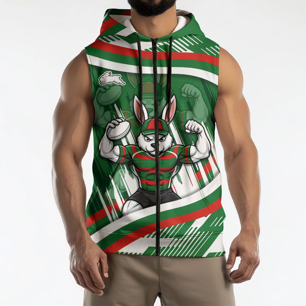 Rabbitohs Rugby Mascot Sleeveless Zip Hoodie Fierce Athlete Graphic in Sports Style