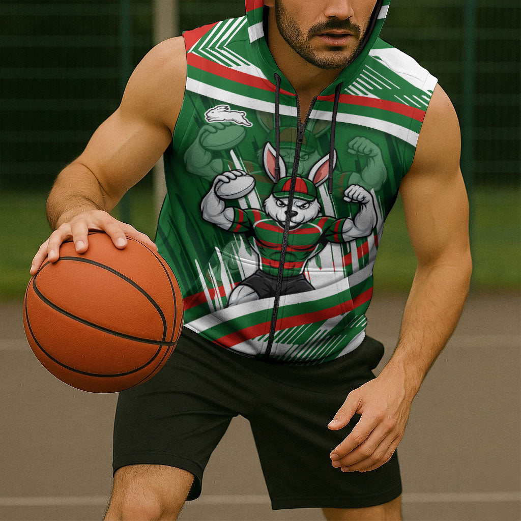 Rabbitohs Rugby Mascot Sleeveless Zip Hoodie Fierce Athlete Graphic in Sports Style