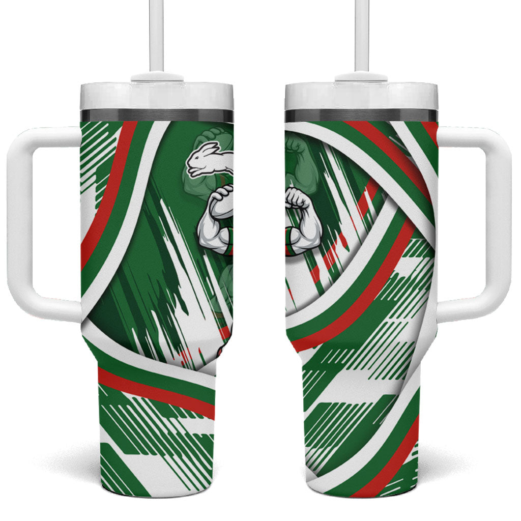 Rabbitohs Rugby Mascot Tumbler With Handle Fierce Athlete Graphic in Sports Style