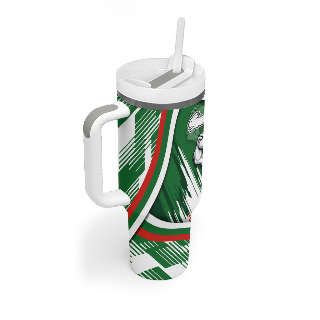Rabbitohs Rugby Mascot Tumbler With Handle Fierce Athlete Graphic in Sports Style