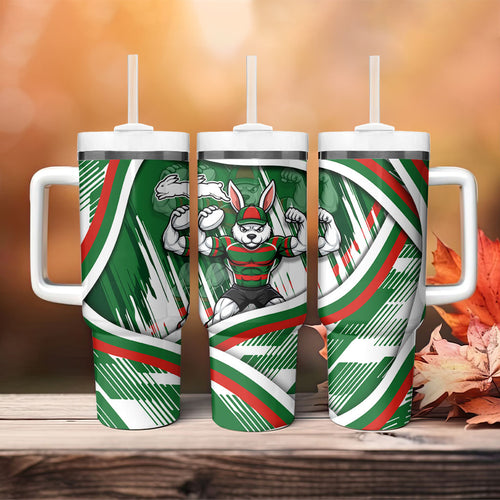 Rabbitohs Rugby Mascot Tumbler With Handle Fierce Athlete Graphic in Sports Style