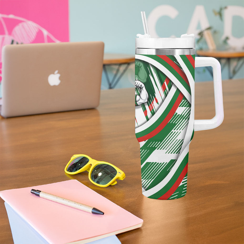 Rabbitohs Rugby Mascot Tumbler With Handle Fierce Athlete Graphic in Sports Style