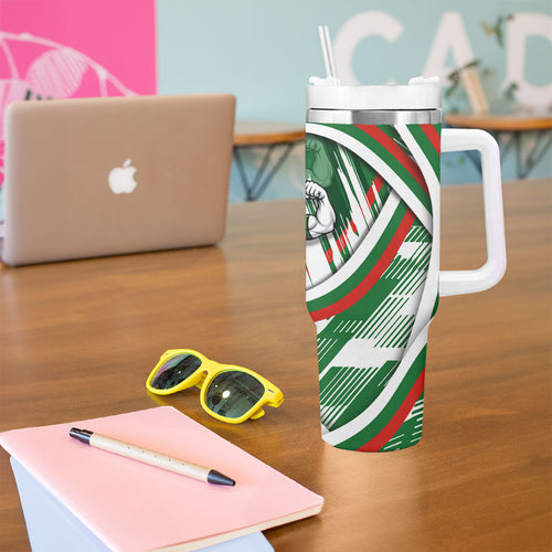 Rabbitohs Rugby Mascot Tumbler With Handle Fierce Athlete Graphic in Sports Style