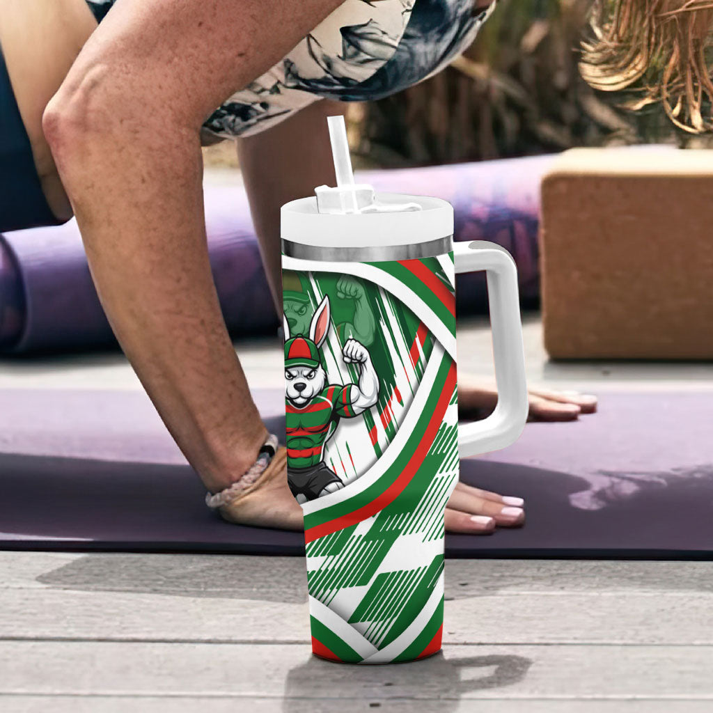 Rabbitohs Rugby Mascot Tumbler With Handle Fierce Athlete Graphic in Sports Style