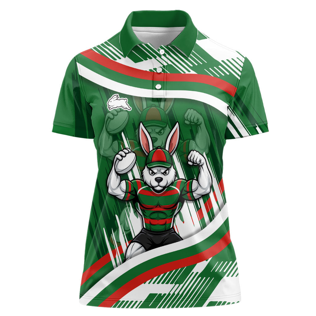 Rabbitohs Rugby Mascot Women Polo Shirt Fierce Athlete Graphic in Sports Style