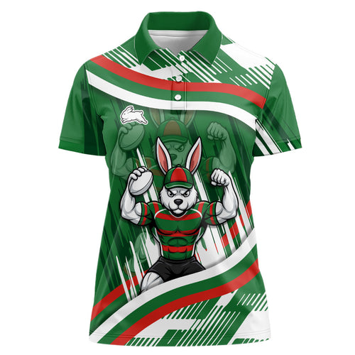 Rabbitohs Rugby Mascot Women Polo Shirt Fierce Athlete Graphic in Sports Style