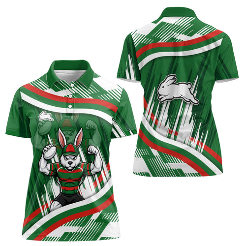 Rabbitohs Rugby Mascot Women Polo Shirt Fierce Athlete Graphic in Sports Style