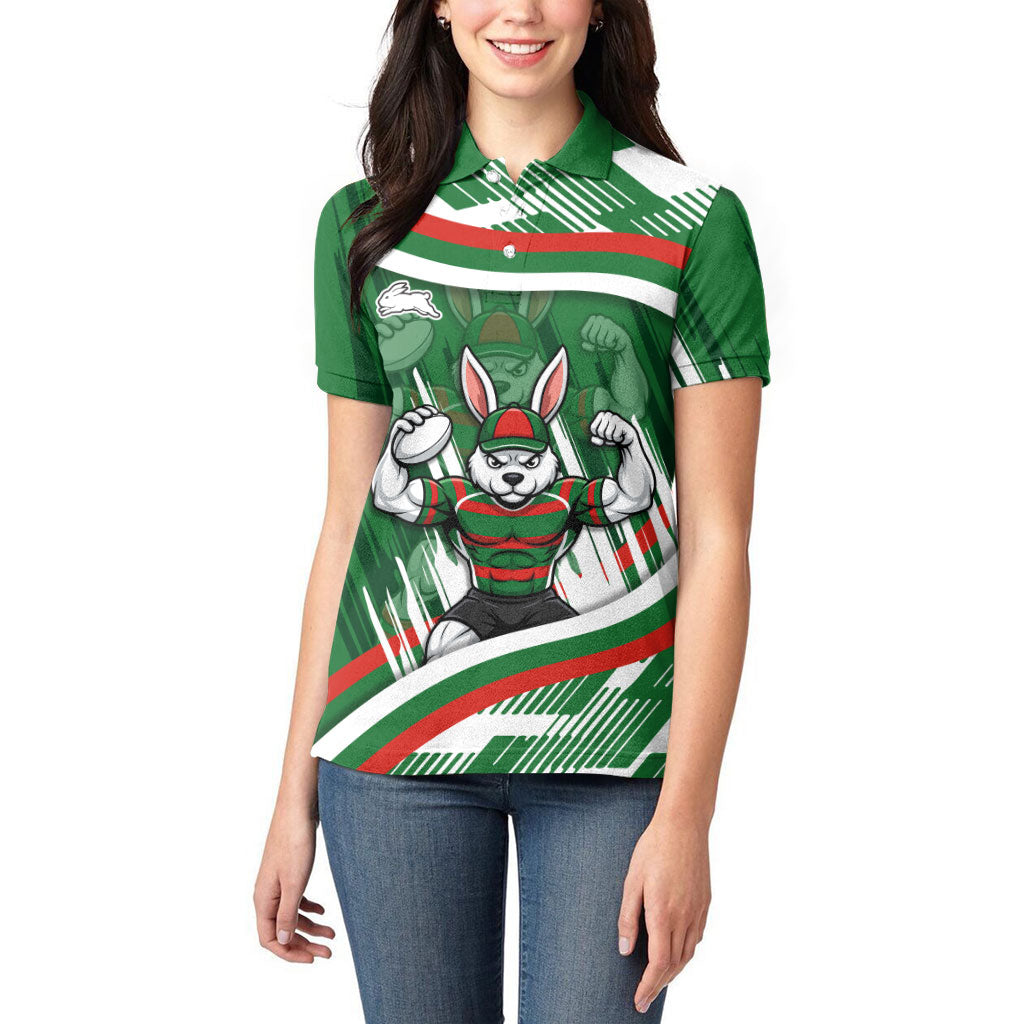 Rabbitohs Rugby Mascot Women Polo Shirt Fierce Athlete Graphic in Sports Style