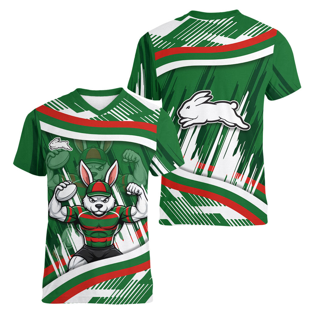 Rabbitohs Rugby Mascot Women V-Neck T-Shirt Fierce Athlete Graphic in Sports Style