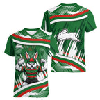 Rabbitohs Rugby Mascot Women V-Neck T-Shirt Fierce Athlete Graphic in Sports Style