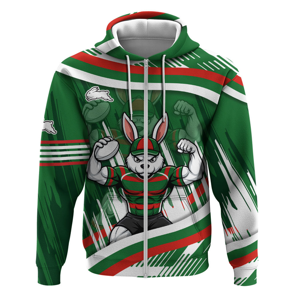 Rabbitohs Rugby Mascot Zip Hoodie Fierce Athlete Graphic in Sports Style