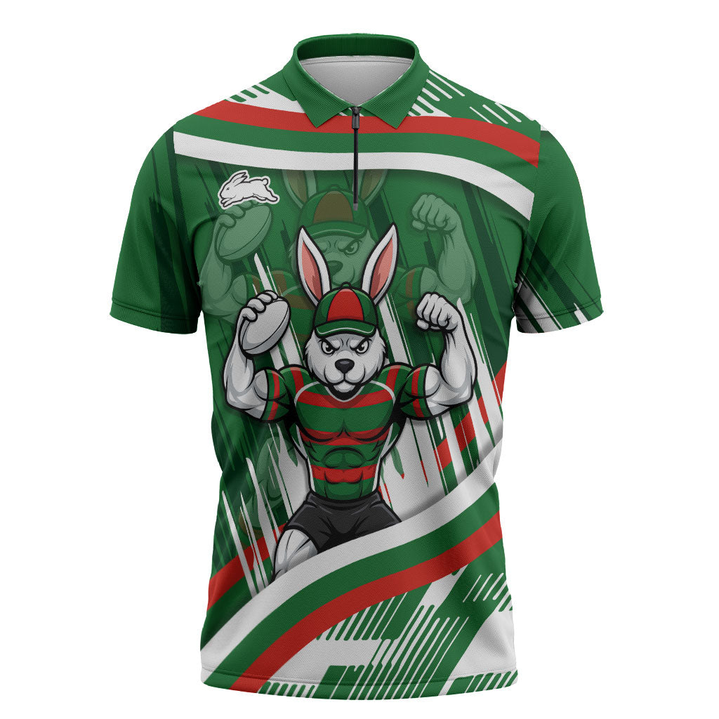 Rabbitohs Rugby Mascot Zipper Polo Shirt Fierce Athlete Graphic in Sports Style