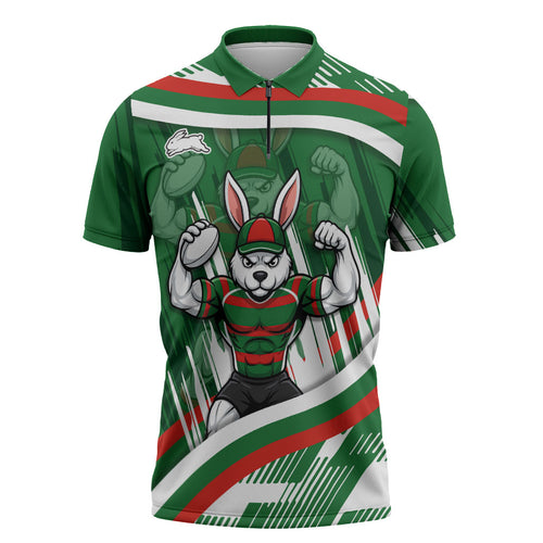 Rabbitohs Rugby Mascot Zipper Polo Shirt Fierce Athlete Graphic in Sports Style