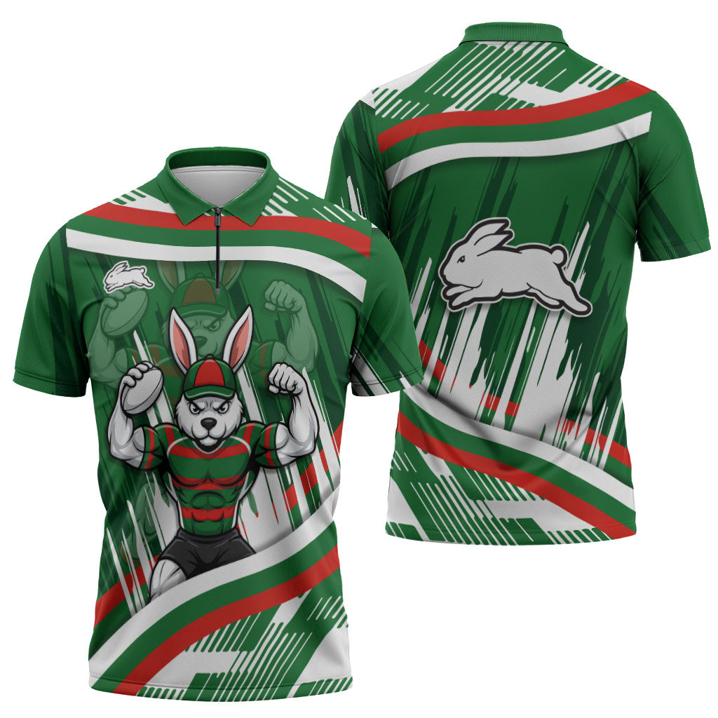 Rabbitohs Rugby Mascot Zipper Polo Shirt Fierce Athlete Graphic in Sports Style